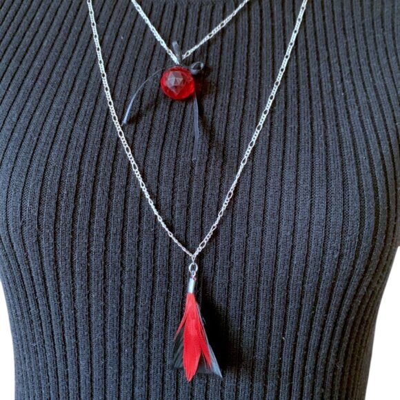 CREATION - OPERA long necklace - Red & black Feather Ribbon Clear beads - Picture 3 of 7